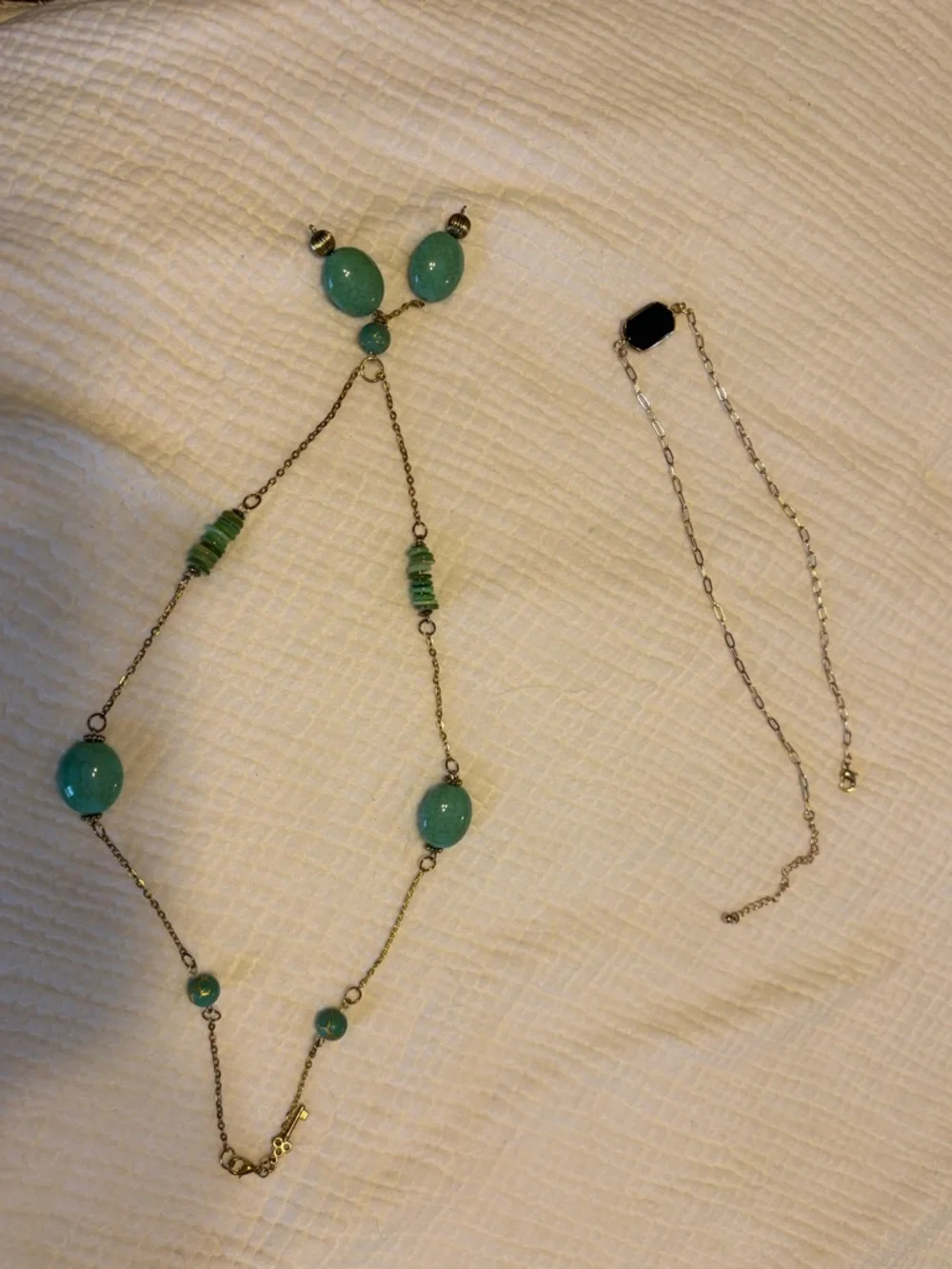 Gold Tone Necklace Bundle Set Black Pendant & Green Stone Necklace Boho‎ Jewelry